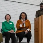 Tonya Allen, president of the McKnight Foundation, (second from right) answers questions about the GroundBreak Coalition's efforts to build Black wealth in Minneapolis and St. Paul. Allen spoke at an October 31, 2023, event announcing nearly $1 billion in investments towards the effort. Credit: Aaron Nesheim | Sahan Journal